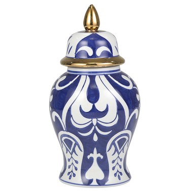 Sagebrook Home Decorative Ceramic Covered JAR 7x7x11.75, Blue/White/Gold