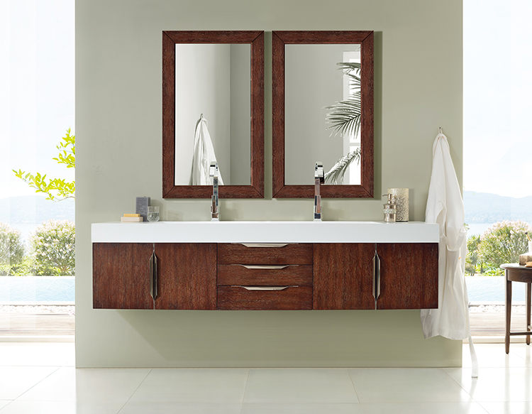 A wall-mounted floating bath vanity uses less floor space.