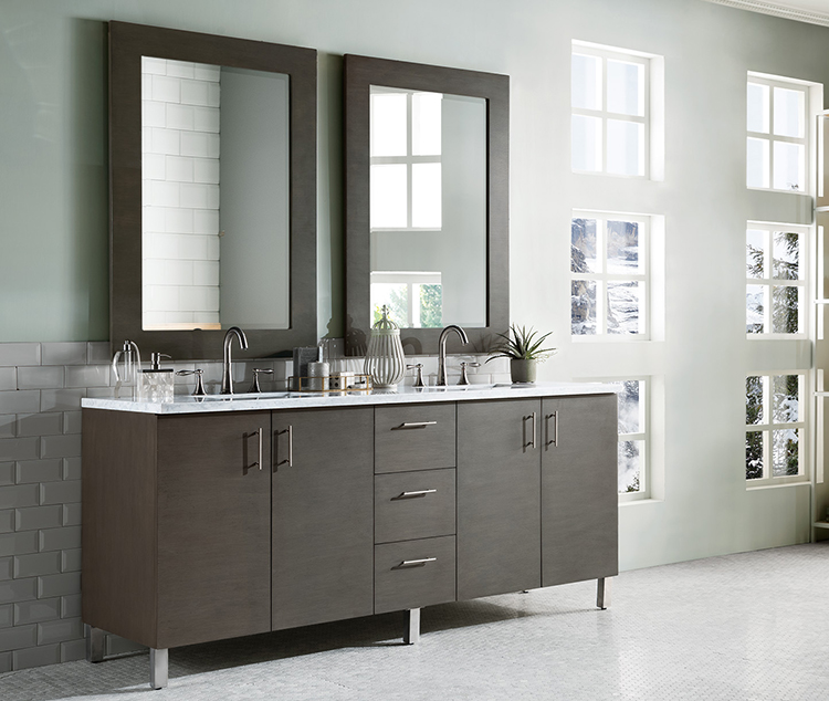 Modern bath vanities are sleek with minimal details.