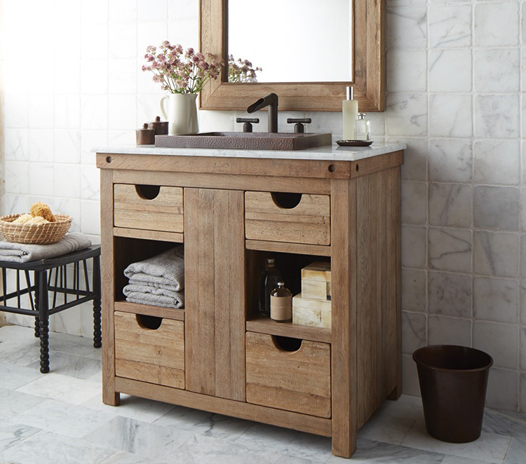 Rustic or farmhouse style bath vanities showcase natural woods with warm feel.