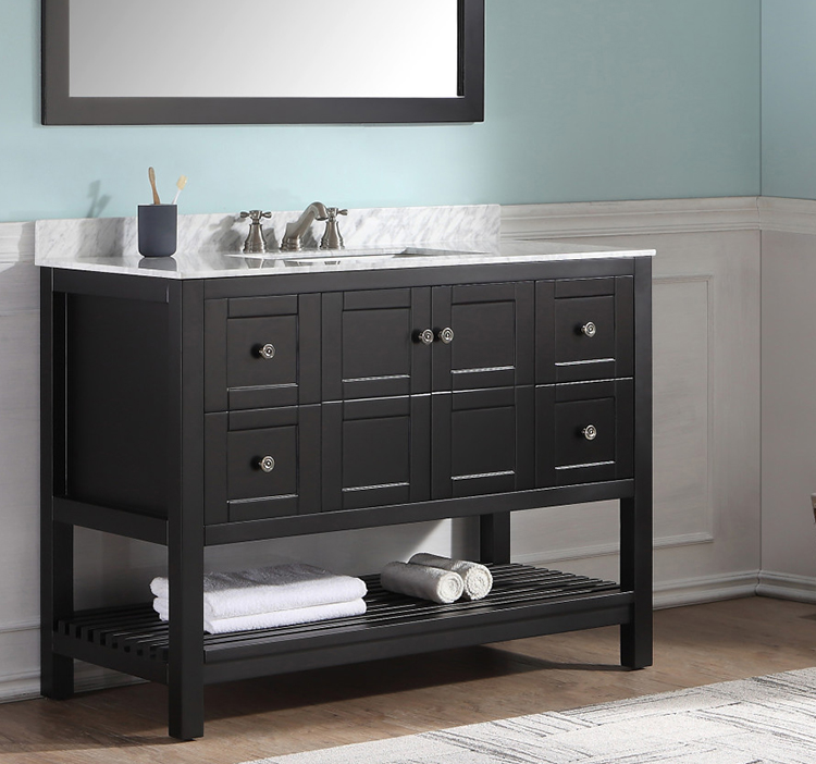 Transitional bath vanities are a blend of modern and traditional elements.