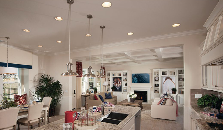 Recessed lighting fixtures are stylish, functional, and are flush mounted to blend in with the ceiling.