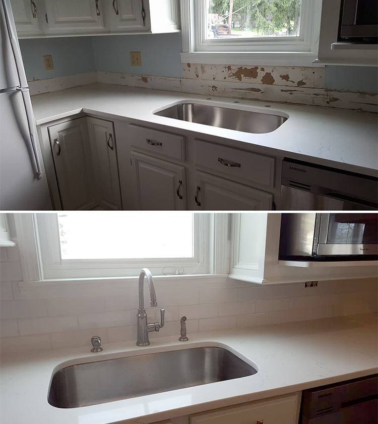 A new quartz counter replaces a Formica one, and a new subway tile backsplash is installed.