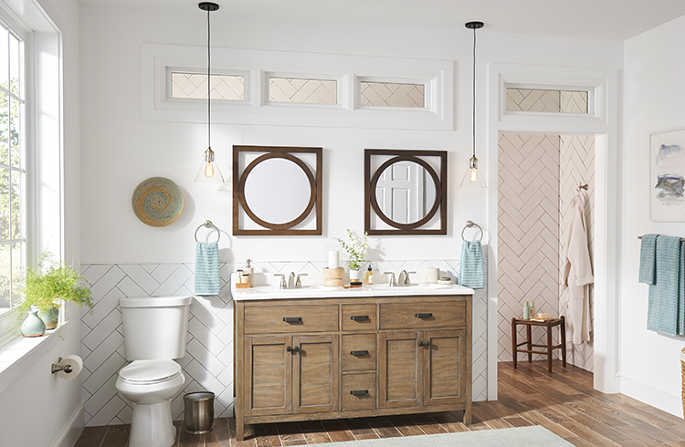 Pendants offer a more creative option to traditional vanity fixtures.